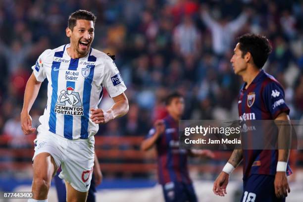 Omar Gonzalez of Pachuca celebrates after scoring the first goal of his team during the semifinal match between Pachuca and Atlante as part of the...