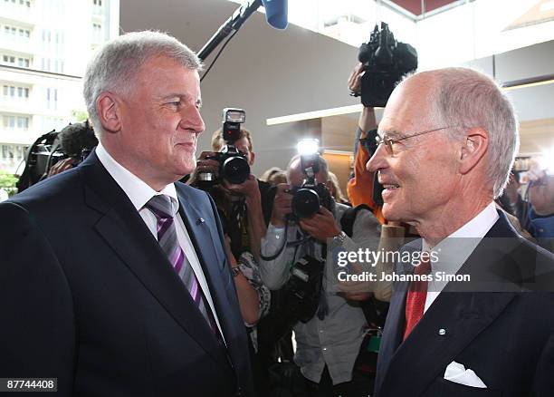 Art collector Udo Brandhorst and Bavaria's state governor Horst Seehofer arrive for the Brandhorst Museum Opening Cermony at Lepanto hall of new...