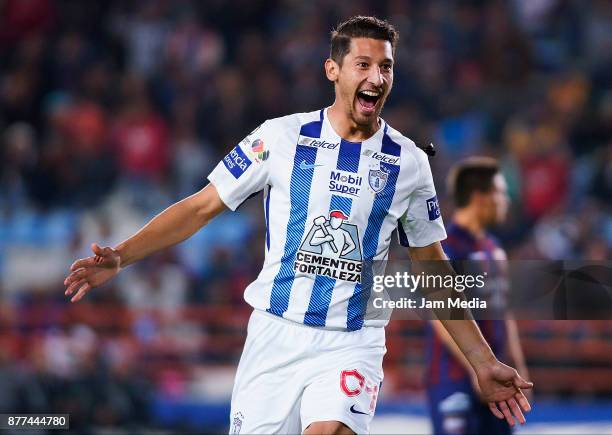 Omar Gonzalez of Pachuca celebrates after scoring the first goal of his team during the semifinal match between Pachuca and Atlante as part of the...