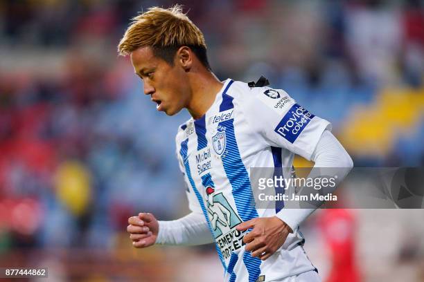 Keisuke Honda of Pachuca looks on during the semifinal match between Pachuca and Atlante as part of the Copa MX Apertura 2017 at Hidalgo Stadium in...