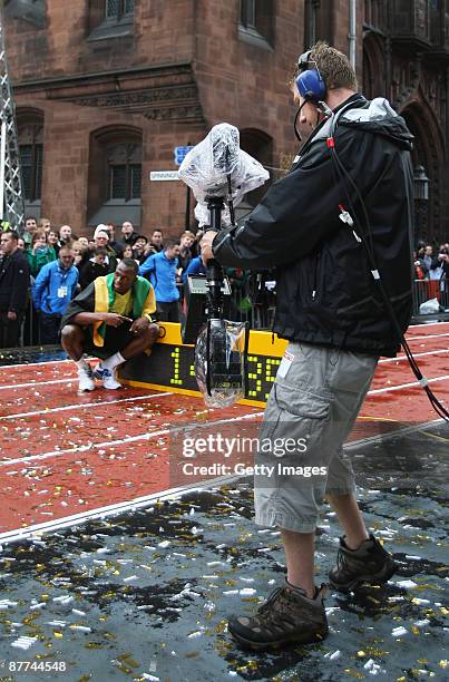 Usain Bolt, the fastest man on the earth is captured in 3D by Sky after sprinting 150 metres down a specially designed track on Deansgate on May 18,...