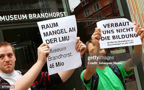 Students of the Ludwig Maximilians University demonstrate for better educational policy during the Brandhorst Museum Opening Cermony at Lepanto hall...