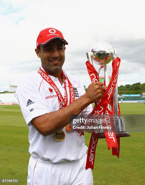 Ravi Bopara of England holds up the series trophy during day five of the 2nd npower test match between England and West Indies at The Riverside on...