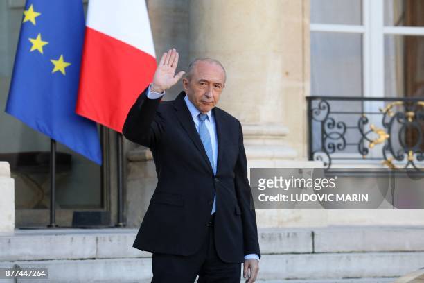 French Interior Minister Gerard Collomb waves as he leaves the Elysee presidential palace, after the weekly cabinet meeting on November 22, 2017 in...