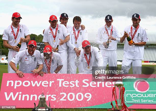 The England Team celebrate victory after day five of the npower Test Match between England and The West Indies at The Riverside on May 18, 2009 in...