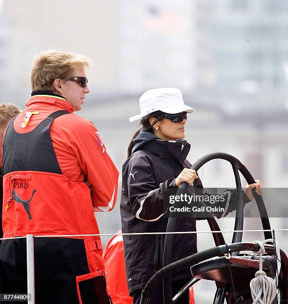 Skipper Ken Reed and Salma Hayek attend the departure of the PUMA Ocean Racing's il mostro Sailboat in the 7th Leg of the Volvo Ocean Race 2008/2009...