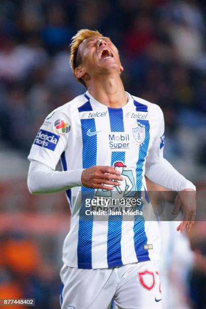 Keisuke Honda of Pachuca reacts during the semifinal match between Pachuca and Atlante as part of the Copa MX Apertura 2017 at Hidalgo Stadium in...