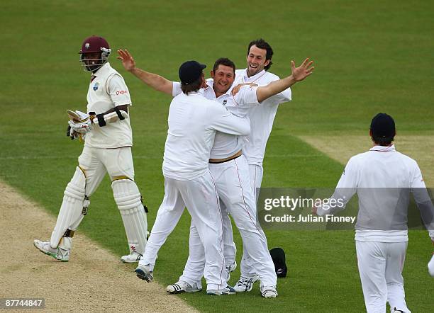 Tim Bresnan of England celebrates taking the final wicket to win the match during day five of the 2nd npower test match between England and West...