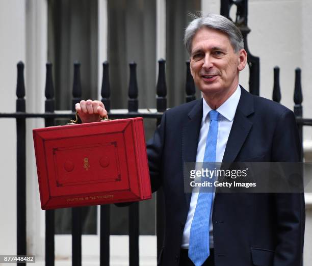 Britain's Chancellor of the Exchequer Philip Hammond holds the red case as he departs 11 Downing Street to deliver his budget to Parliament on...