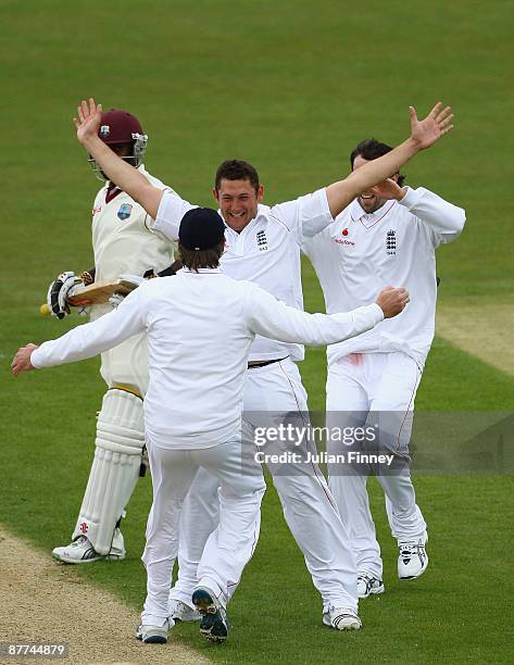 Tim Bresnan of England celebrates taking the final wicket to win the match during day five of the 2nd npower test match between England and West...