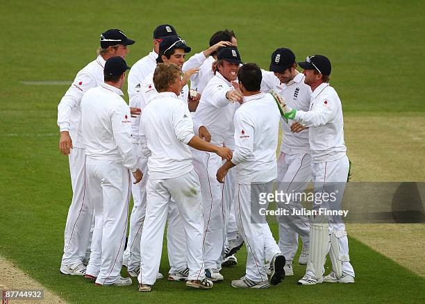 England players celebrate after their win over the West Indies during day five of the 2nd npower test match between England and West Indies at The...