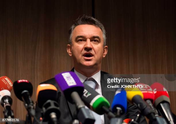 Darko Mladic, the son of Ratko Mladic, gives a joint press in The Hague, on November 22 after the verdict in the genocide trial of former Bosnian...