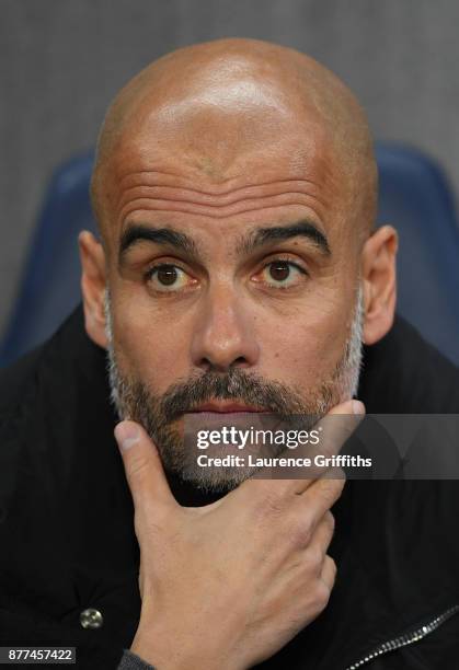 Josep Guardiola of Manchester City looks on prior to the UEFA Champions League group F match between Manchester City and Feyenoord at Etihad Stadium...