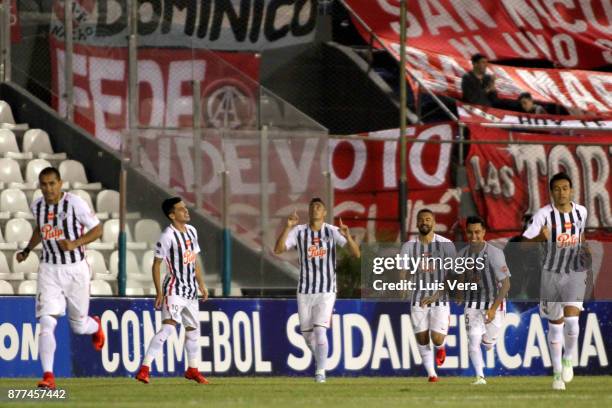 Oscar Cardozo of Libertad celebrates after scoring the opening goal during a first leg match between Libertad and Independiente as part of the...