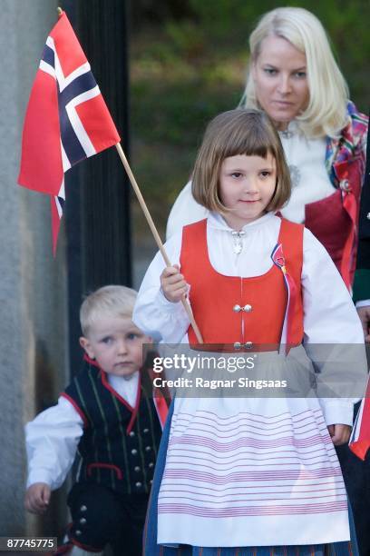 Prince Sverre Magnus, Princess Ingrid Alexandra and Princess Mette-Marit celebrate Norway's national day at The Royal Palace on May 17, 2009 in Oslo,...