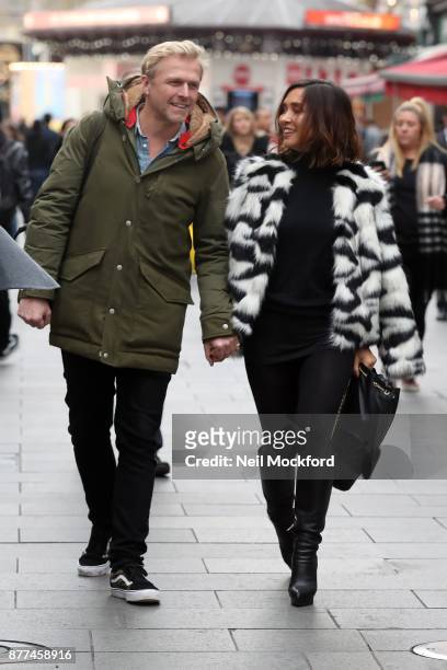 Myleene Klass seen leaving the Smooth Radio Studios with boyfriend Simon Motson before jumping in a taxi on November 22, 2017 in London, England.