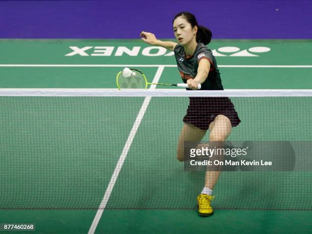 Aya Ohori of Japan in action against Evgeniya Kosetskaya of Russia during Round 1 of Women's Single on Day 2 of Yonex-Sunrise Hong Kong Open 2017 on...