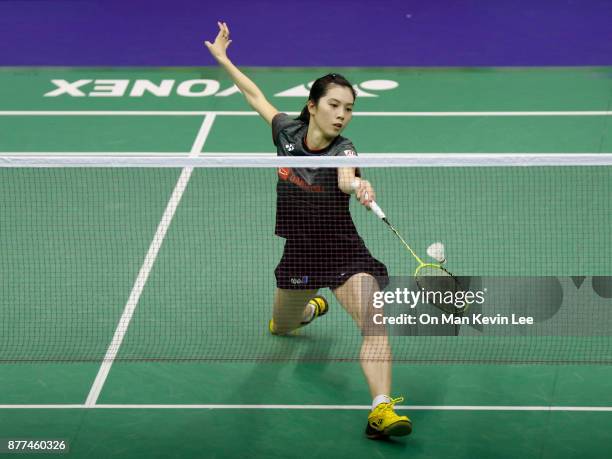 Aya Ohori of Japan in action against Evgeniya Kosetskaya of Russia during Round 1 of Women's Single on Day 2 of Yonex-Sunrise Hong Kong Open 2017 on...