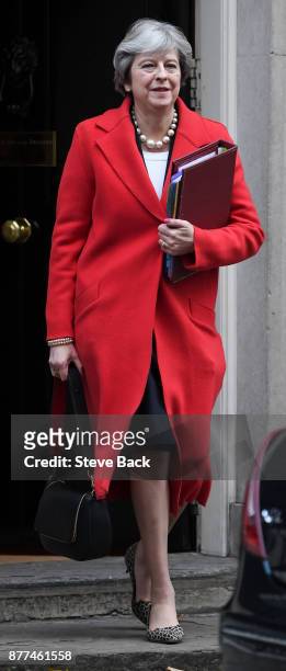 British Prime Minister Theresa May leaves after a cabinet meeting ahead of the Chancellor's annual budget at 10 Downing Street on November 22, 2017...