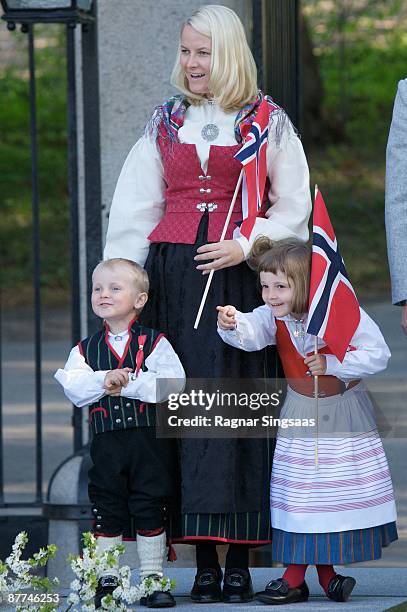 Prince Sverre Magnus, Princess Mette-Marit and Princess Ingrid Alexandra celebrate Norway's national day at The Royal Palace on May 17, 2009 in Oslo,...