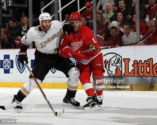 Ryan Whitney of the Anaheim Ducks and Dan Cleary of the Detroit Red Wings skate battle for position during Game Seven of the Western Conference...