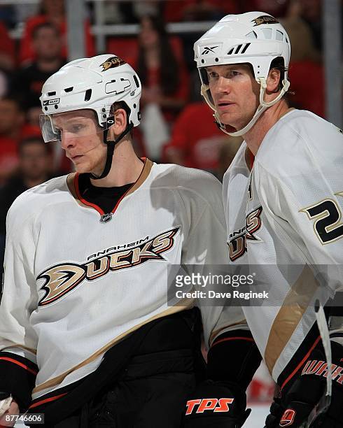 Chris Pronger and Corey Perry of the Anaheim Ducks talk before a face-off during Game Seven of the Western Conference Semifinal Round of the 2009...