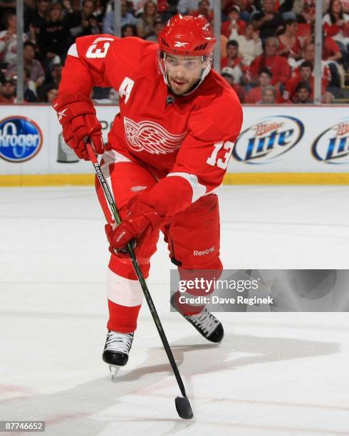 Pavel Datsyuk of the Detroit Red Wings skates up ice during Game Seven of the Western Conference Semifinal Round of the 2009 Stanley Cup Playoffs...