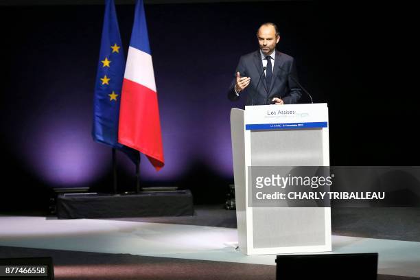 French Prime Minister Edouard Philippe speaks during the National Convention of the Sea on November 21, 2017 in Le Havre, northwestern France.