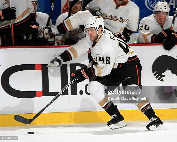 Andrew Ebbet of the Anaheim Ducks skates with the puck during Game Seven of the Western Conference Semifinal Round of the 2009 Stanley Cup Playoffs...