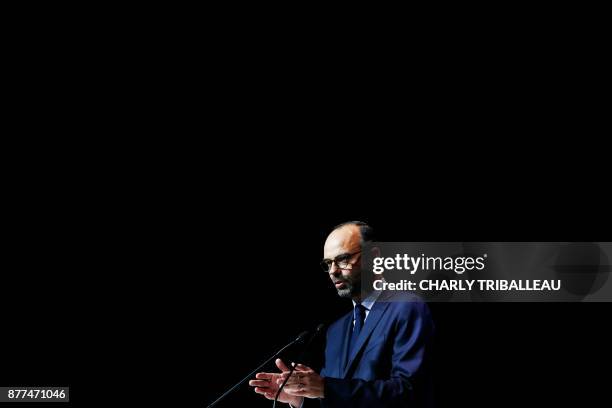 French Prime Minister Edouard Philippe speaks during the opening of the National Convention of the Sea on November 21, 2017 in Le Havre, northwestern...