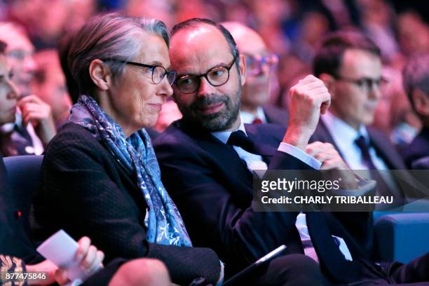 French Minister of Transport Elisabeth Borne and French Prime Minister Edouard Philippe talk during the opening of the National Convention of the Sea...