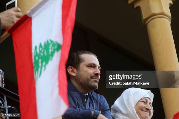 Lebanon's Prime Minister Saad Hariri makes a public appearance at his home "Beit al-Wasat" November 22, 2017 in Beirut, Lebanon. Hariri arrived early...