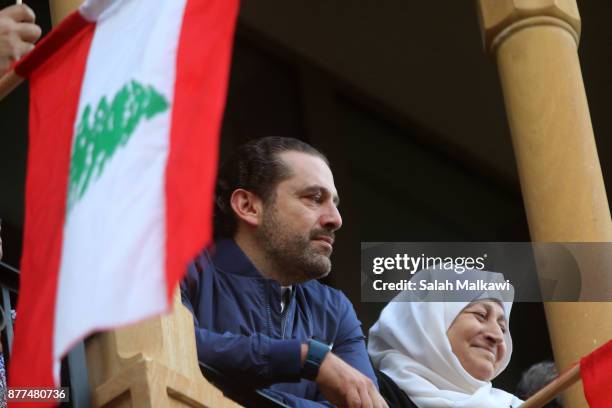 Lebanon's Prime Minister Saad Hariri makes a public appearance at his home "Beit al-Wasat" November 22, 2017 in Beirut, Lebanon. Hariri arrived early...