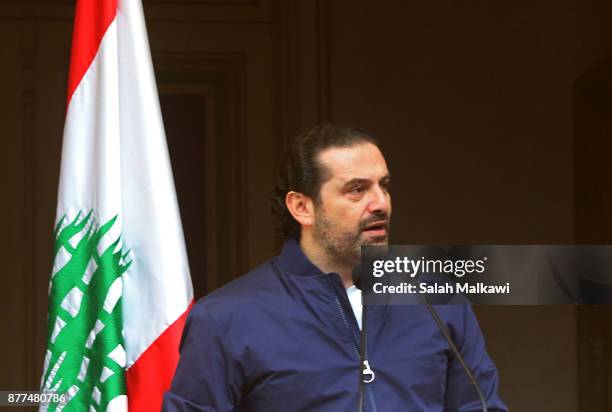 Lebanon's Prime Minister Saad Hariri makes a public appearance at his home "Beit al-Wasat" November 22, 2017 in Beirut, Lebanon. Hariri arrived early...