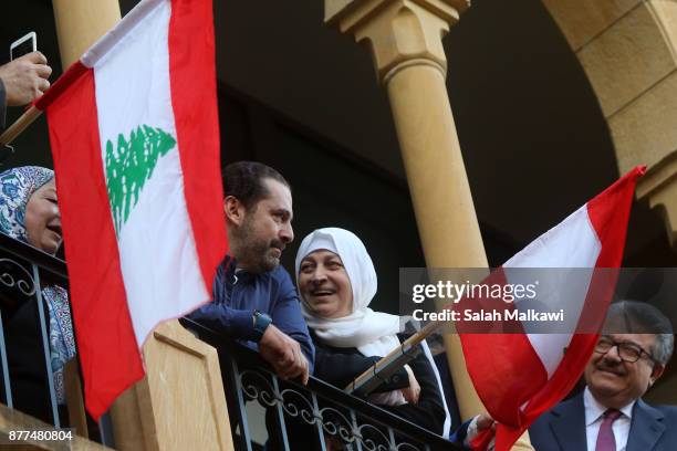 Lebanon's Prime Minister Saad Hariri makes a public appearance at his home "Beit al-Wasat" November 22, 2017 in Beirut, Lebanon. Hariri arrived early...