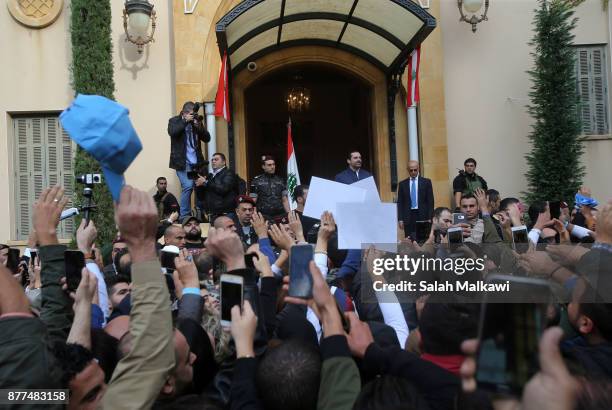 Lebanon's Prime Minister Saad Hariri makes a public appearance at his home "Beit al-Wasat" November 22, 2017 in Beirut, Lebanon. Hariri arrived early...