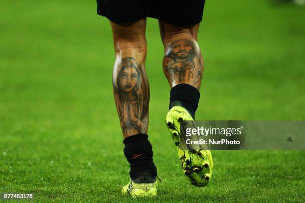The tattoes on the Shakhtar Donetsk Taison legs with the image of Jesus Christ and the Virgin Mary at San Paolo Stadium in Naples, Italy on November...