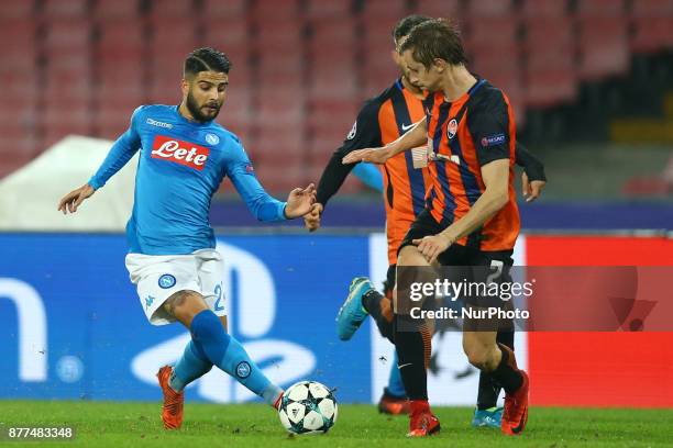 Lorenzo Insigne of Napoli and Bohdan Butko of Shakhtar Donetsk at San Paolo Stadium in Naples, Italy on November 21 during the UEFA Champions League...