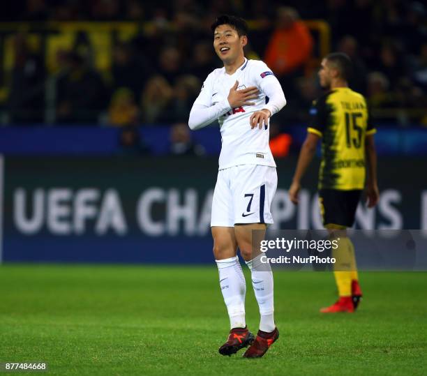 Tottenham Hotspur's Son Heung-Min celebrates the winning goal during UEFA Champion League Group H Borussia Dortmund between Tottenham Hotspur played...