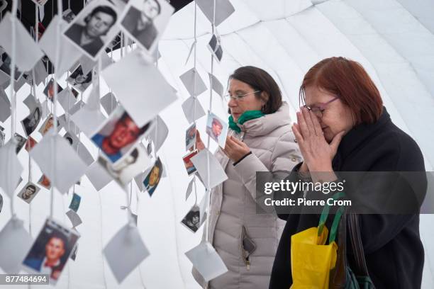 Bosnian Muslims pray inside a makeshift memorial for Bosnian Muslim victims on November 22, 2017 in The Hague, The Netherlands. The International...