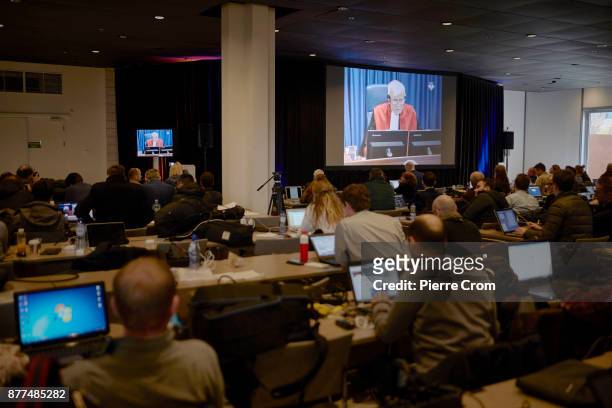 The international media listen to the verdict for Ratko Mladic's trial on November 22, 2017 in The Hague, The Netherlands. Ratko Mladic's lawyer will...