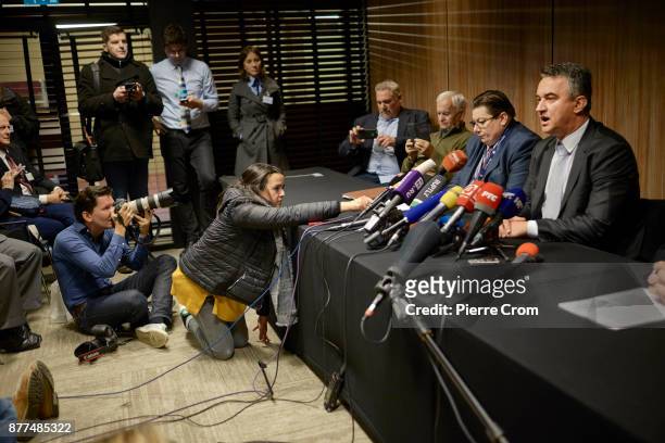 Ratko Mladic's son Darko Mladic gives a press conference with the defenders on November 22, 2017 in The Hague, The Netherlands. Ratko Mladic's lawyer...
