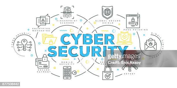 ilustraciones, imágenes clip art, dibujos animados e iconos de stock de concepto de diseño moderno flat line de seguridad cibernética - fingerprint scanner
