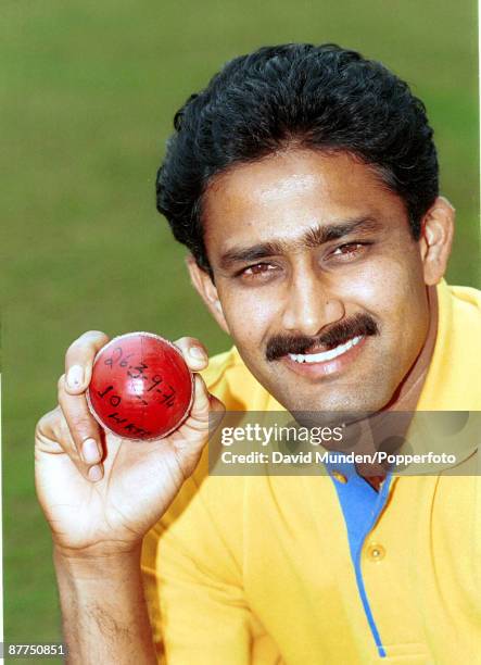 With the ball with which he took all 10 wickets in a test v Pakistan, Delhi 1999