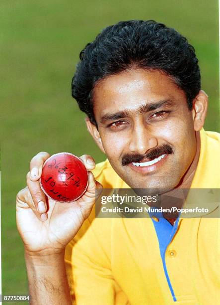 With the ball with which he took all 10 wickets in a test v Pakistan, Delhi 1999