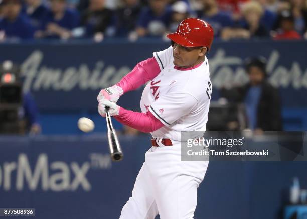 Ezequiel Carrera of the Toronto Blue Jays lines out in the first inning during MLB game action against the Seattle Mariners at Rogers Centre on May...