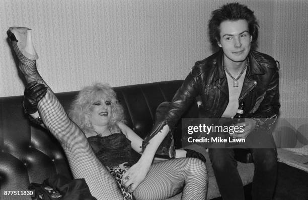 English bassist and singer Sid Vicious with girlfriend Nancy Spungen in the backstage of the Electric Ballroom in Camden, London, UK, 15th August...