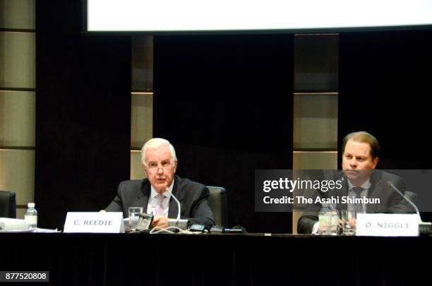 World Anti-Doping Agency President Craig Reedie and secretary general Olivier Niggli attend a press conference after the foundation board meeting on...