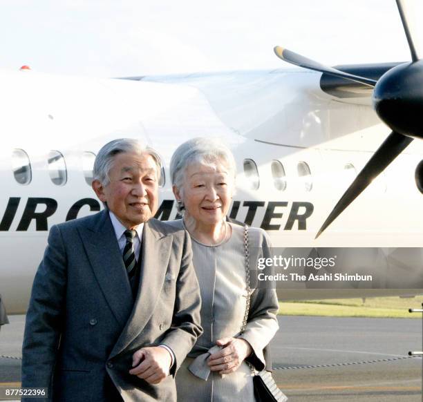 Emperor Akihito and Empress Michiko are seen on arrival at Okinoerabu Airport on November 16, 2017 in Wadomari, Kagoshima, Japan.