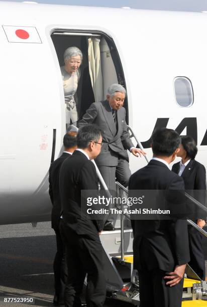 Emperor Akihito and Empress Michiko are seen on arrival at Yakushima Airport on November 16, 2017 in Yakushima, Kagoshima, Japan.